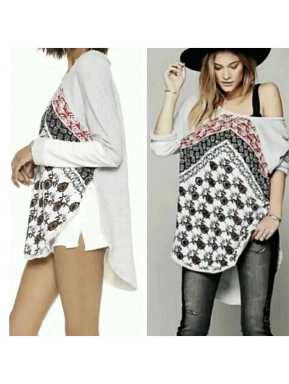 Free People Del Ray Mixed Media Pullover - Bohemian Patterned Sweater Size LG - Picture 2 of 5
